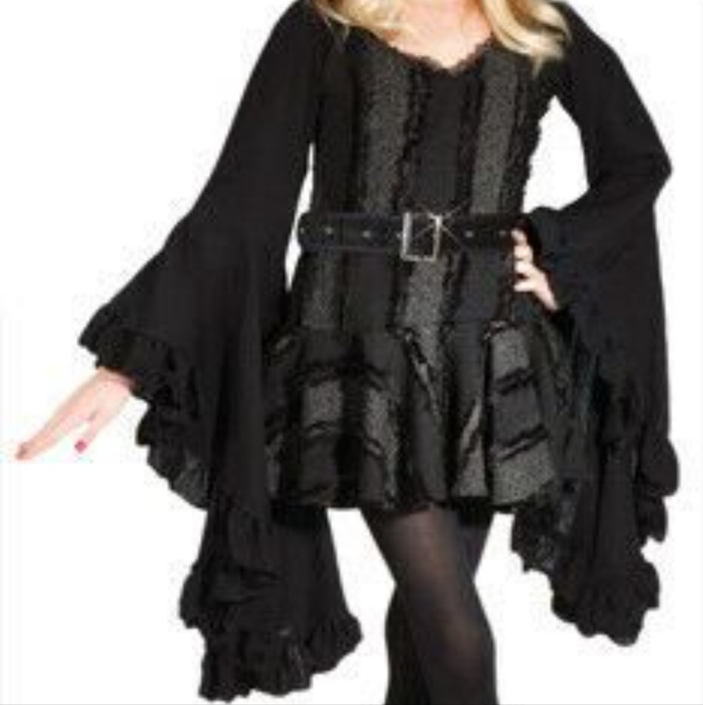 Halloween Black Gothic Bell Sleeve Dress Costume Sz L 12-14